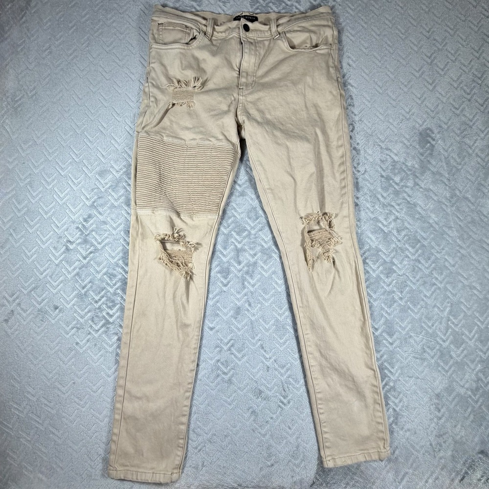 Saint Morta Men's Index Distressed Biker Jeans Sz 36x31 Moto‎ Ripped Beige Khaki